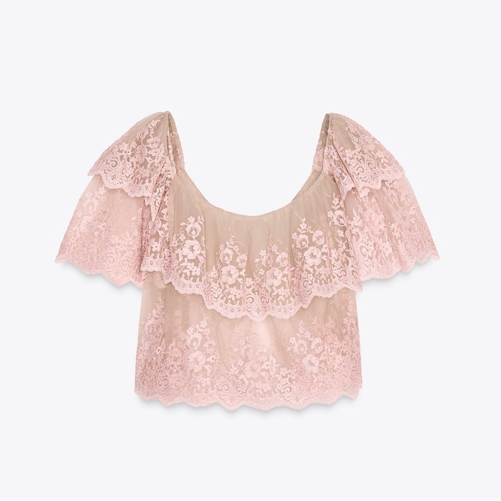 ZARA EMBROIDERED LACE CROPPED OFF SHOULDER BLOUSE TOP ZW COLLECTION Pink S
